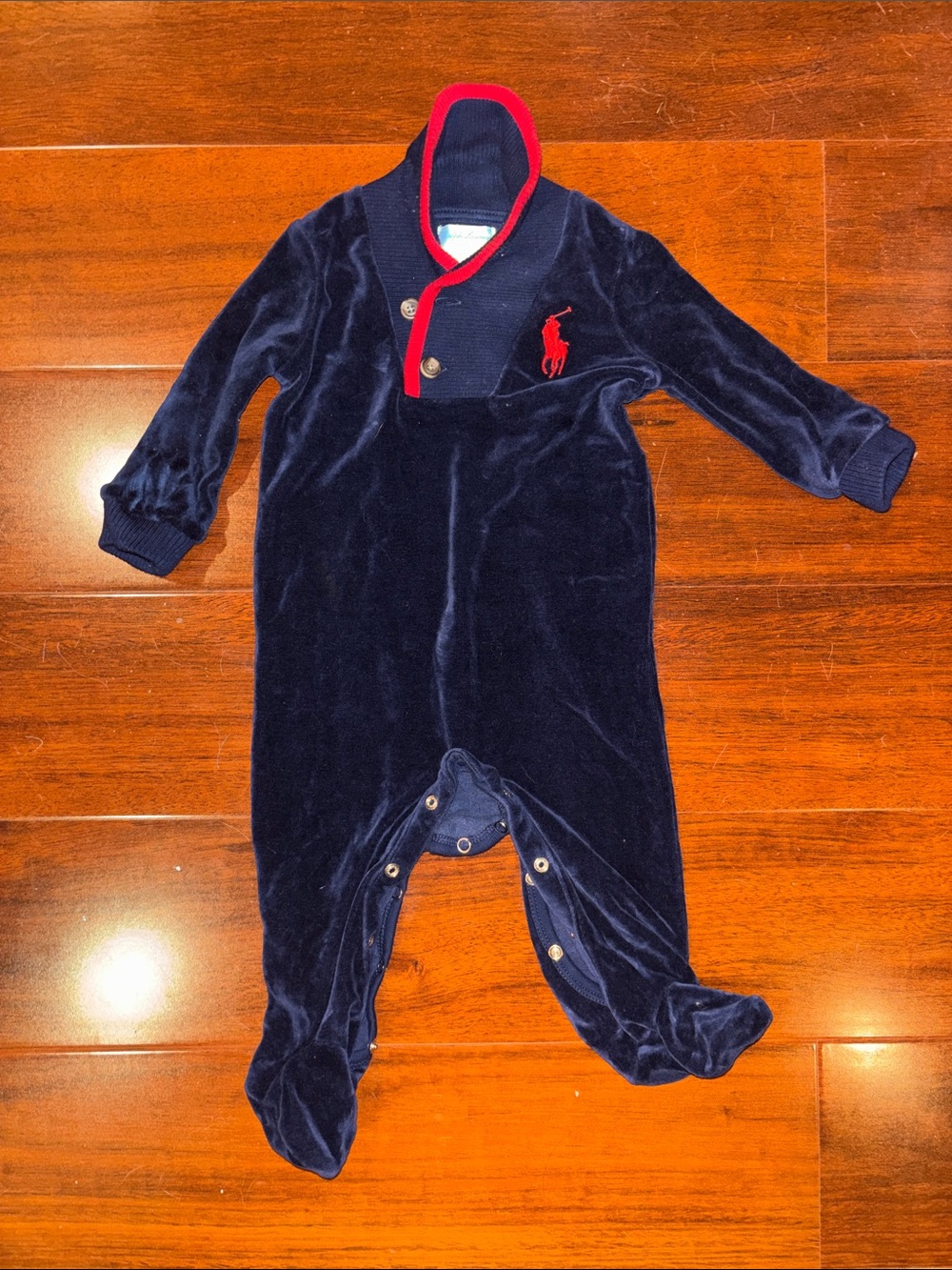 Ralph Lauren Navy Velour Romper Onesis Size 6 Months